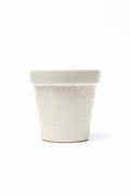 A white ceramic planter pot with embossed floral patterns.
