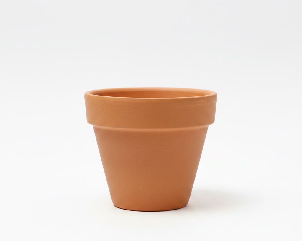 A classic terracotta clay flower pot in a warm reddish-brown color.